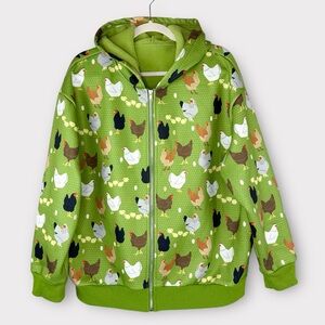 Lime Green Chicken Print Full-Zip Hoodie XL Fleece Lined Rooster Chicks Farm
